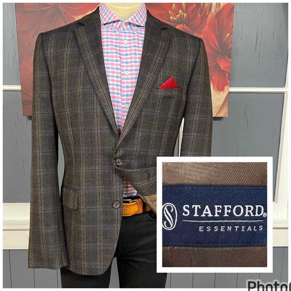 Stafford‎ Blazer Jacket Sport Coat Mens 44L Long Slim Fit Wool Polyester Flannel